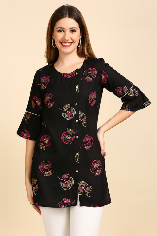 Black & Golden Printed Straight Kurti
