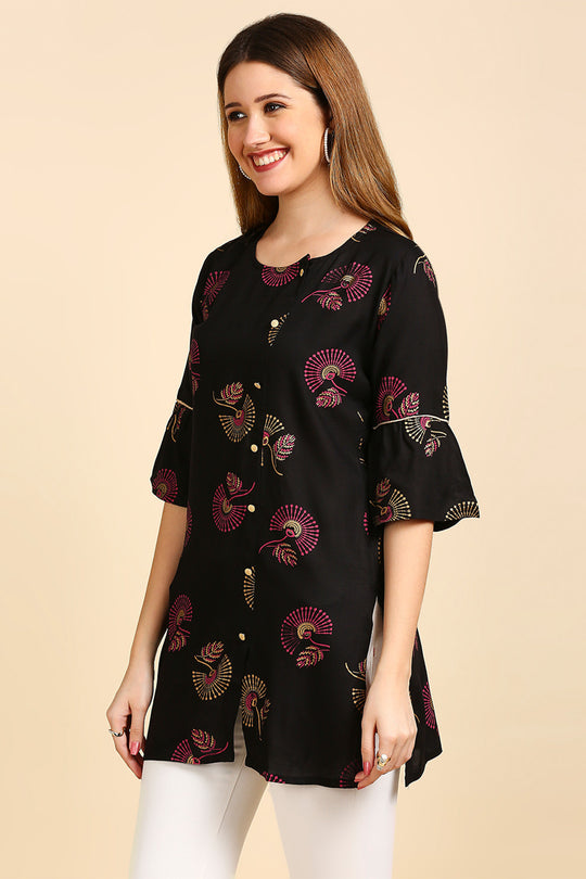 Black & Golden Printed Straight Kurti