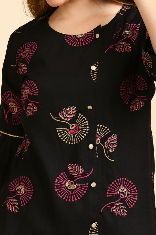 Black & Golden Printed Straight Kurti