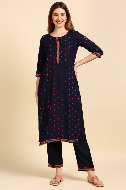 Navy Blue & Pink Embroidered Kurta set
