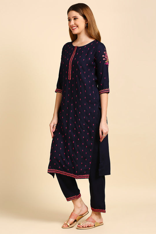 Navy Blue & Pink Embroidered Kurta set