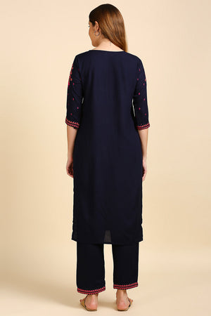 Navy Blue & Pink Embroidered Kurta set