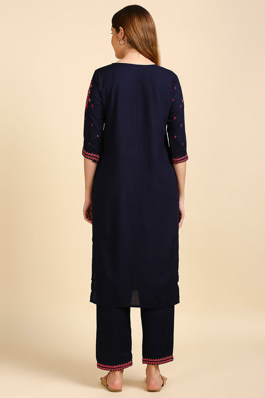Navy Blue & Pink Embroidered Kurta set