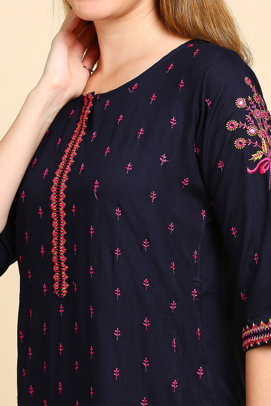 Navy Blue & Pink Embroidered Kurta set