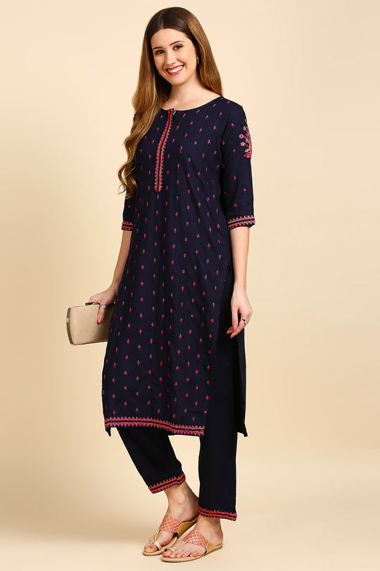 Navy Blue & Pink Embroidered Kurta set