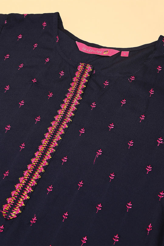 Navy Blue & Pink Embroidered Kurta set