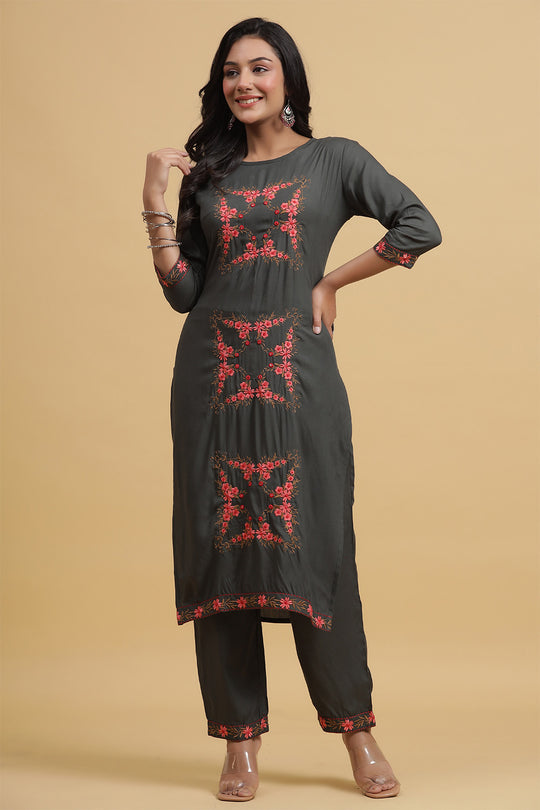 Charcoal Grey & Pink Embroidered Kurta set
