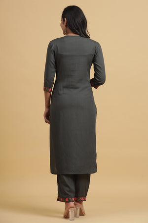 Charcoal Grey & Pink Embroidered Kurta set