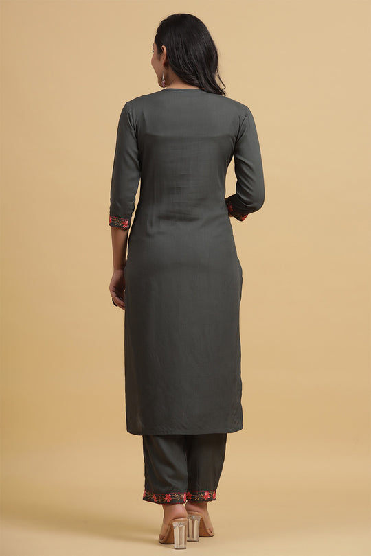 Charcoal Grey & Pink Embroidered Kurta set