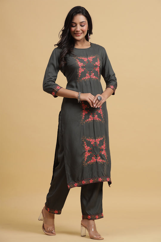 Charcoal Grey & Pink Embroidered Kurta set
