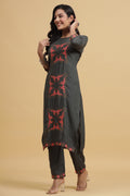 Charcoal Grey & Pink Embroidered Kurta set