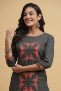 Charcoal Grey & Pink Embroidered Kurta set