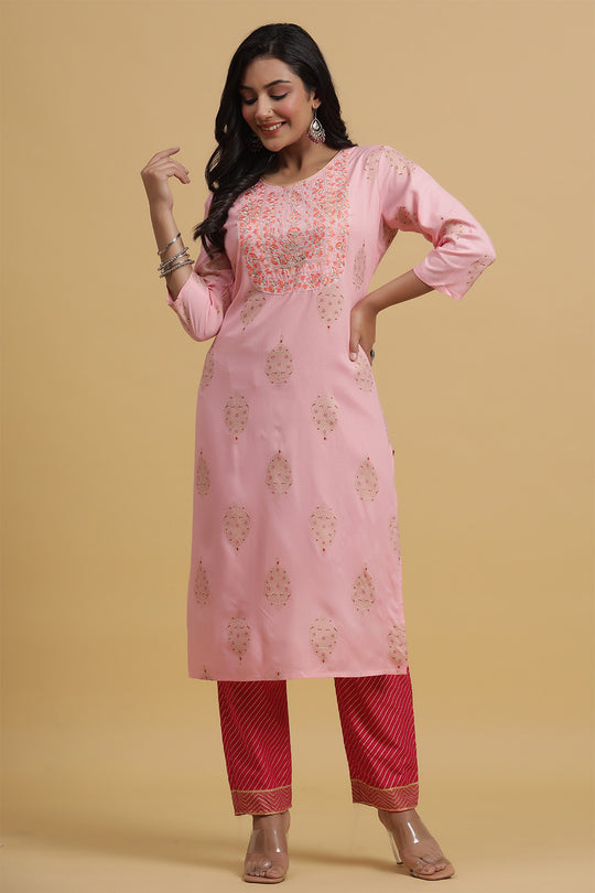 Peach-Coloured Pink Printed Kurta set