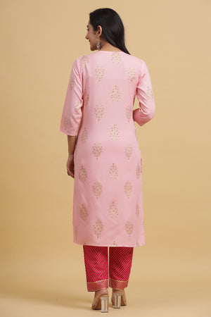 Peach-Coloured Pink Printed Kurta set
