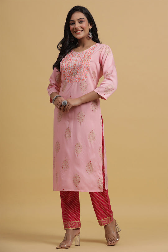 Peach-Coloured Pink Printed Kurta set