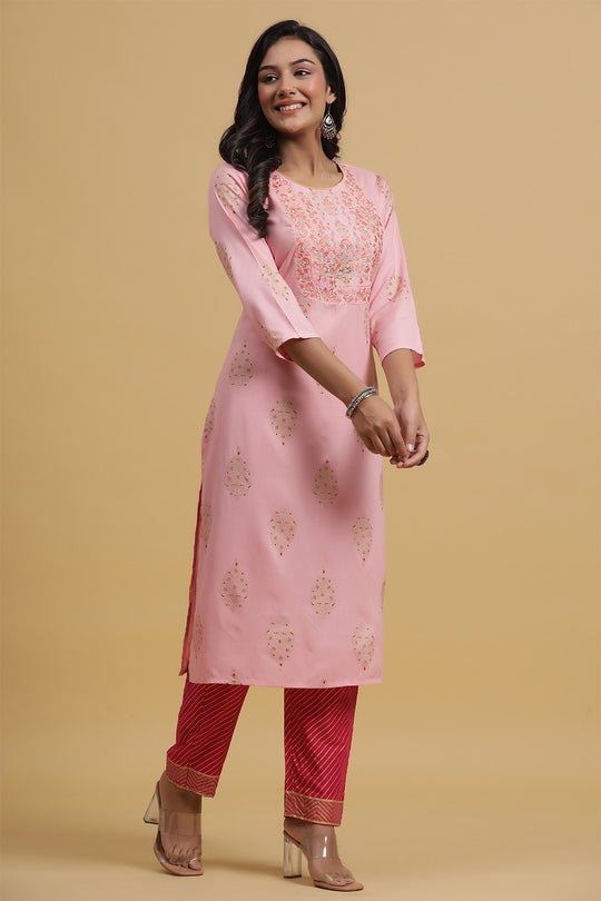 Peach-Coloured Pink Printed Kurta set