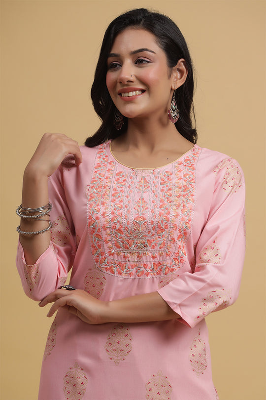 Peach-Coloured Pink Printed Kurta set