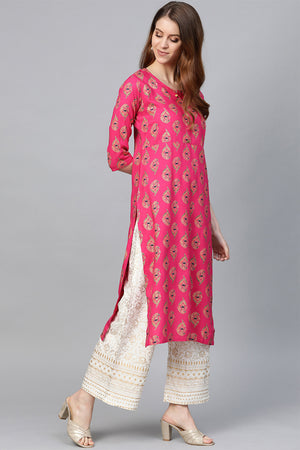 Pink & Off-White Printed Kurta set