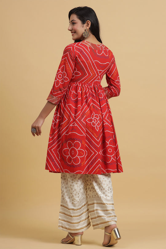 Red Off-White Bandhani Print Kurta set