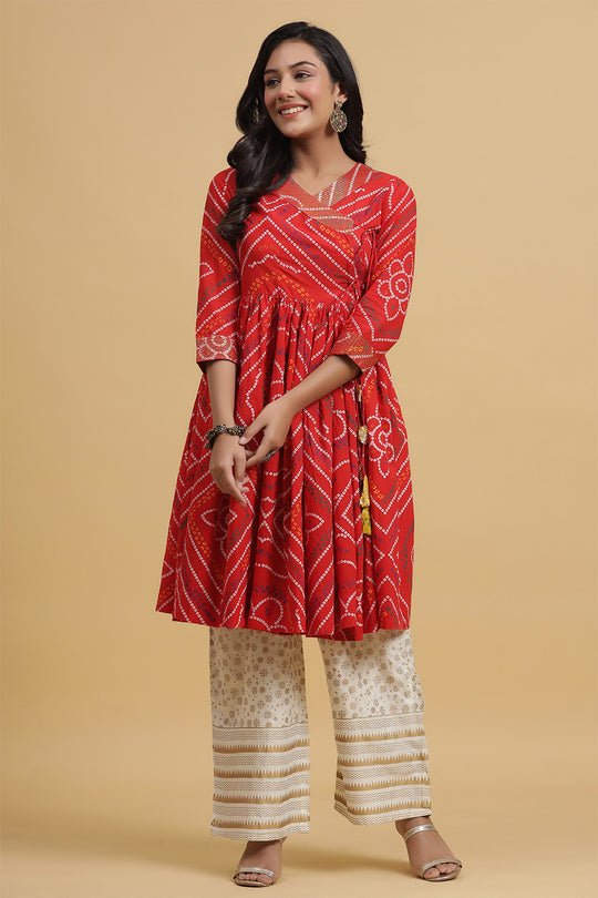 Red Off-White Bandhani Print Kurta set