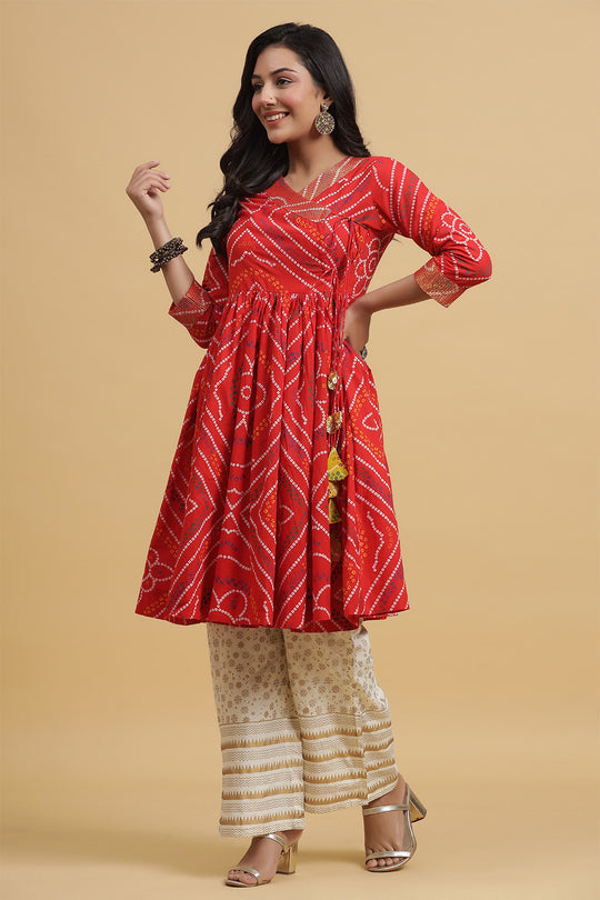 Red Off-White Bandhani Print Kurta set