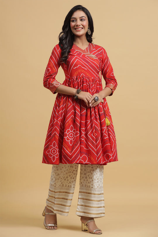 Red Off-White Bandhani Print Kurta set