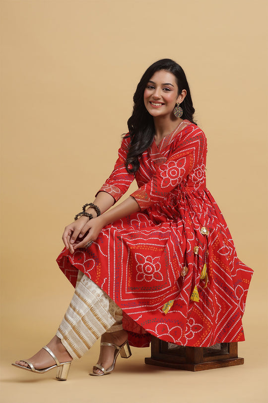 Red Off-White Bandhani Print Kurta set