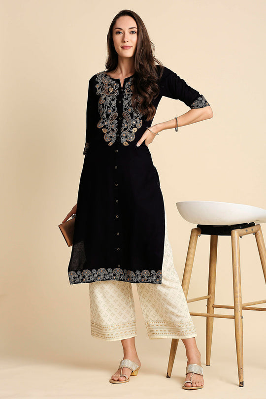 Black Off-White Embroidered Kurta set
