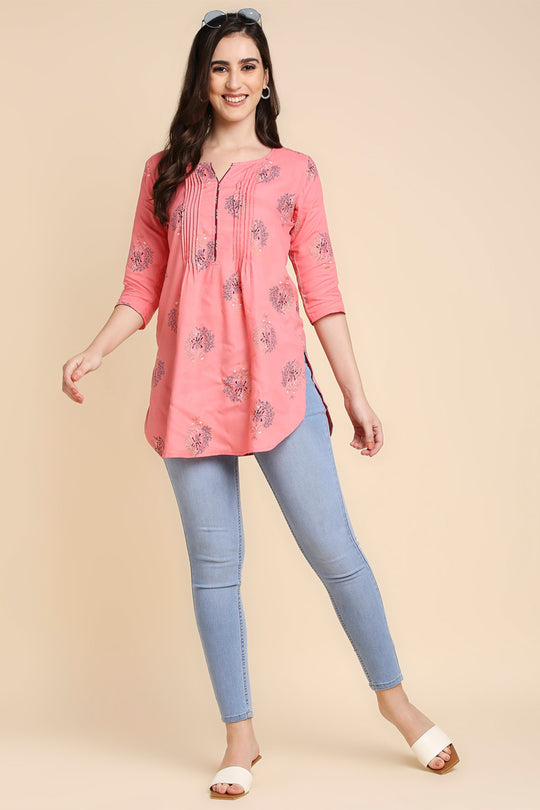 Pink & White Printed Straight Kurti