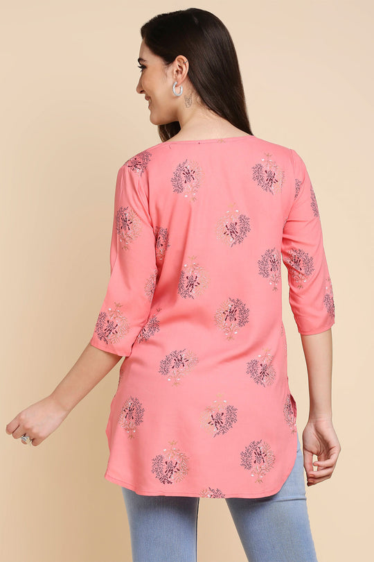 Pink & White Printed Straight Kurti