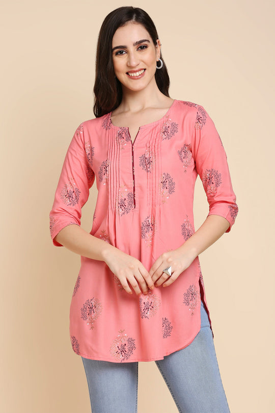 Pink & White Printed Straight Kurti