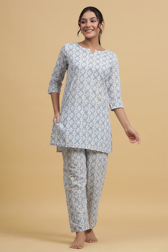 White & Blue Pure Cotton Printed Night suit