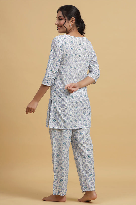 White & Blue Pure Cotton Printed Night suit