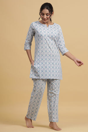 White & Blue Pure Cotton Printed Night suit
