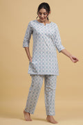White & Blue Pure Cotton Printed Night suit