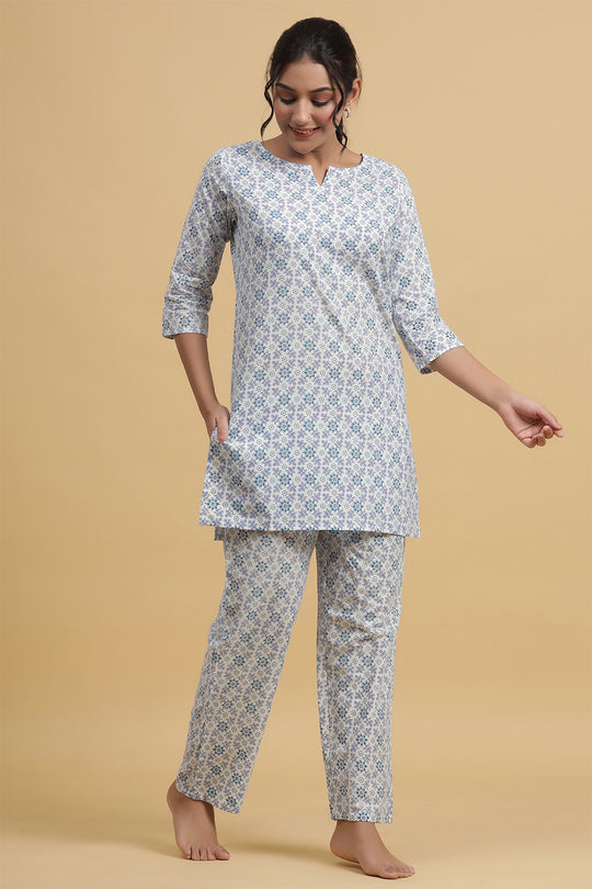 White & Blue Pure Cotton Printed Night suit