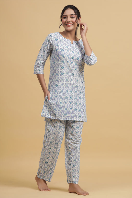 White & Blue Pure Cotton Printed Night suit