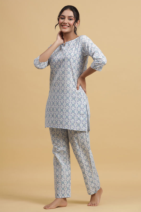 White & Blue Pure Cotton Printed Night suit