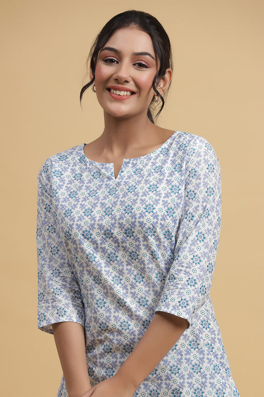 White & Blue Pure Cotton Printed Night suit