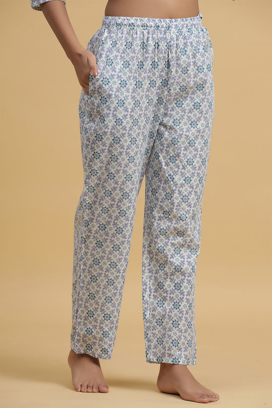 White & Blue Pure Cotton Printed Night suit
