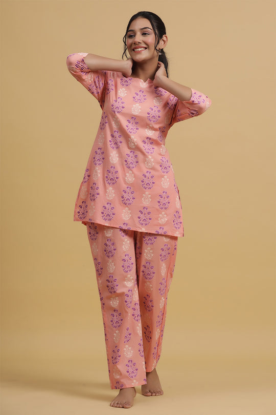 Peach-Coloured & Purple Printed Cotton Night suit