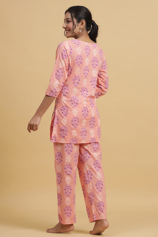 Peach-Coloured & Purple Printed Cotton Night suit