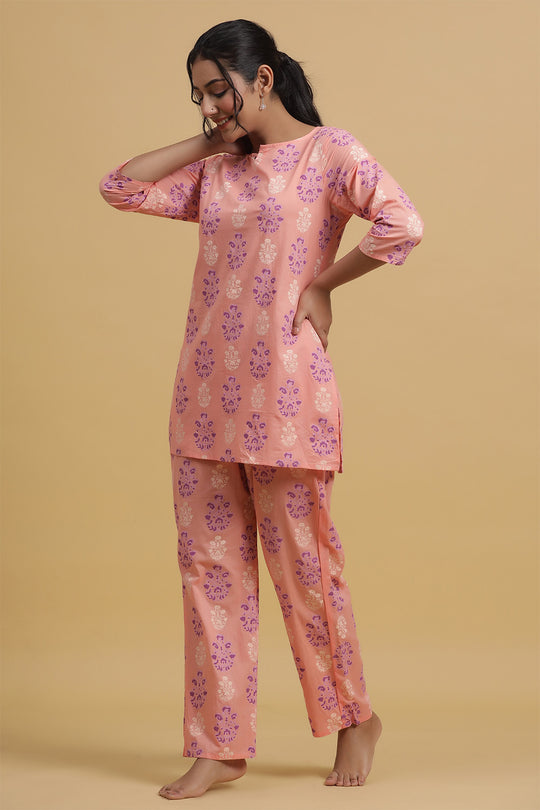 Peach-Coloured & Purple Printed Cotton Night suit