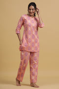 Peach-Coloured & Purple Printed Cotton Night suit