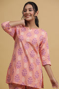 Peach-Coloured & Purple Printed Cotton Night suit