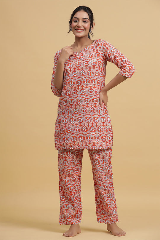 Orange & White Pure Cotton Printed Night suit