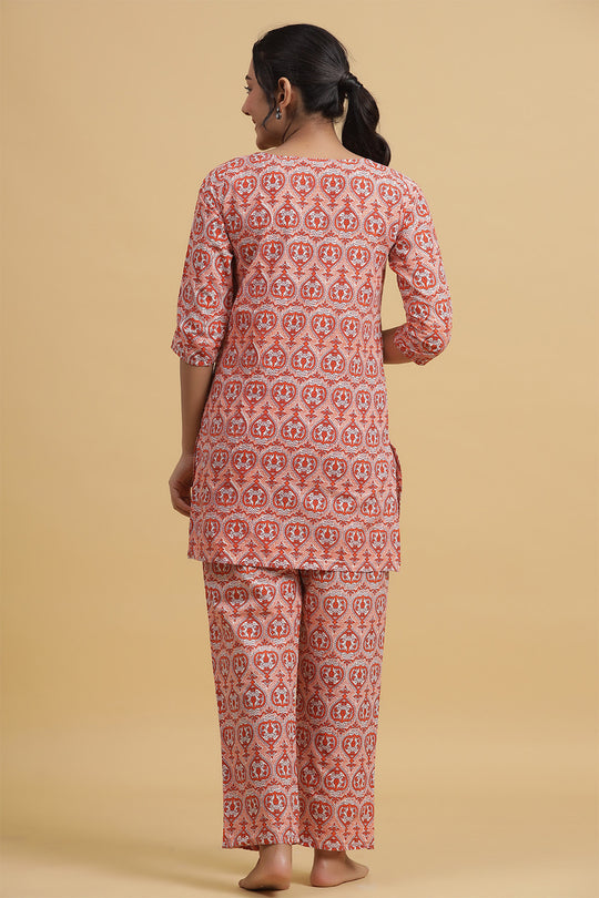 Orange & White Pure Cotton Printed Night suit