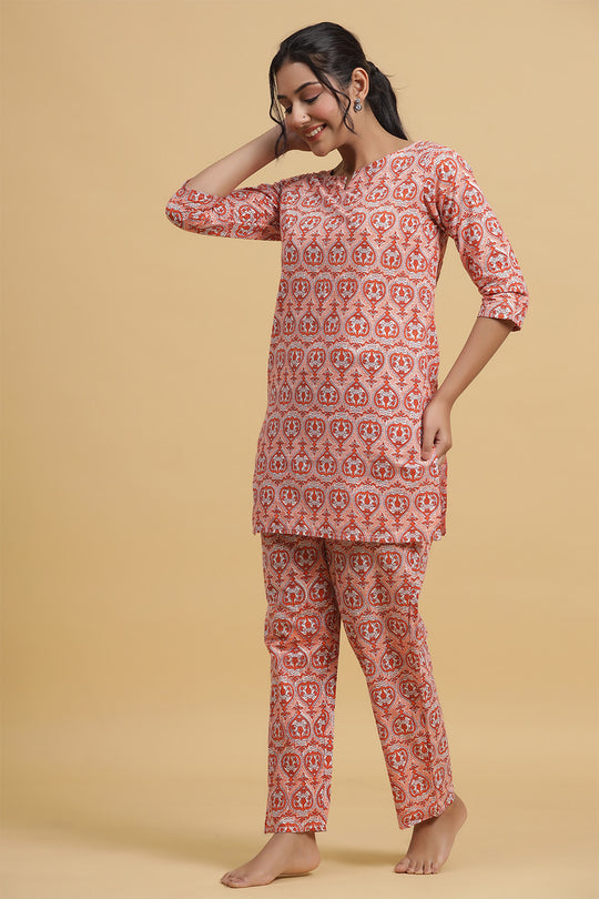 Orange & White Pure Cotton Printed Night suit