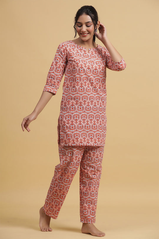 Orange & White Pure Cotton Printed Night suit