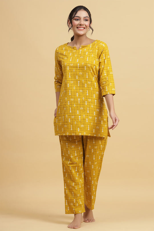 Mustard Yellow & Black Cotton Printed Night suit